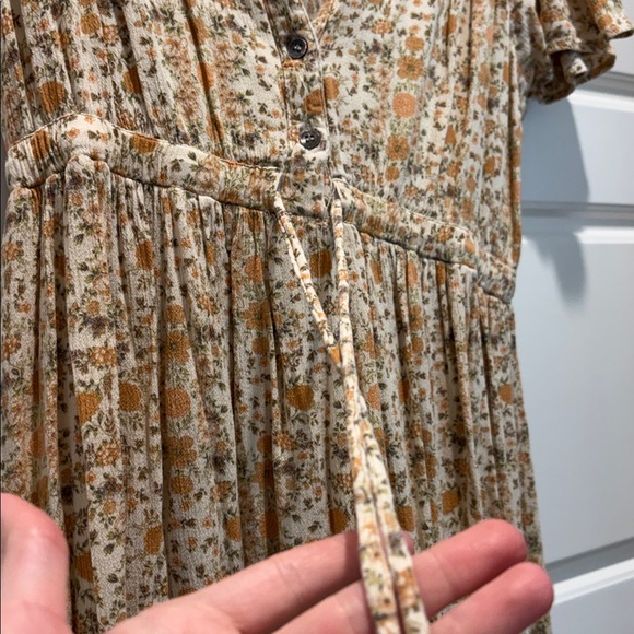 Cotton Rye Floral Half Button Up Tie Waist Midi Dress in Yellow Cream and Green - Picture 3 of 6